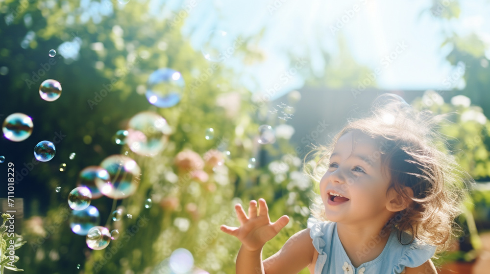 little happy girl playing with soap bubbles