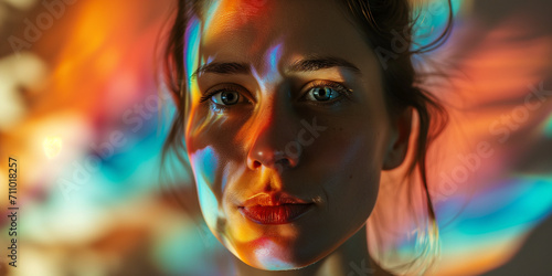 Woman with a confident gaze, her face painted in vibrant neon light patterns, evoking a dynamic energy