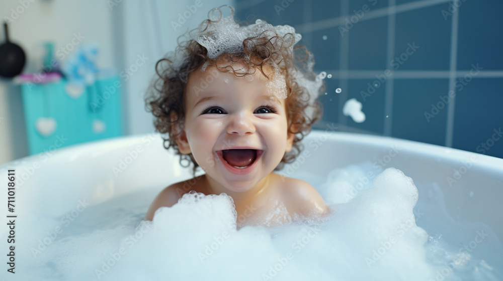 little happy child playing with foam in a bubble bath little happy child playing with foam in a bubble bath