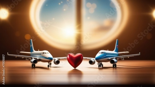 Valentine's day concept.Red heart between two blue and white airplanes.Holiday