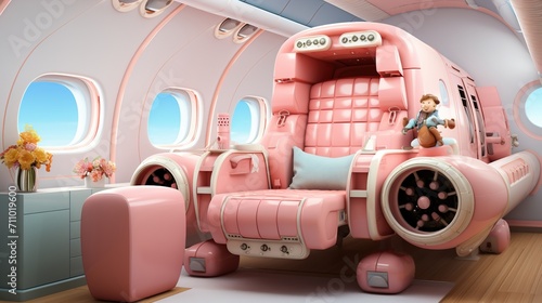 A pink and white airplane interior with a large comfortable chair photo