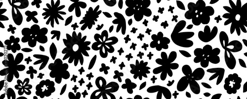 Flower seamless pattern. Simple floral texture. Flower silhouettes. Small meadow plants. Summer botanical background. Design for fabric and texture, dresess,