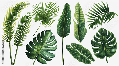 A set of tropical leaves isolated on a white background. Beautiful tropical exotic foliage. Illustration