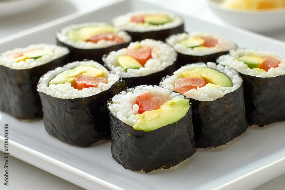 Sushi with avocado and salmon on white plate Sushi with avocado and salmon on white plate
