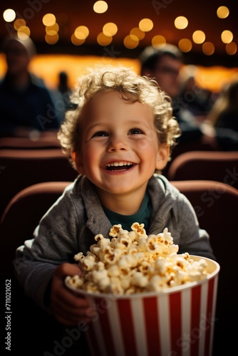 Small kid eating popcorn while watching a movie