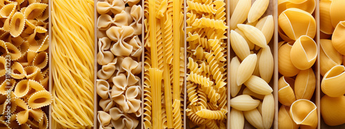 paste. Different types of raw pasta and noodles on the table close-up