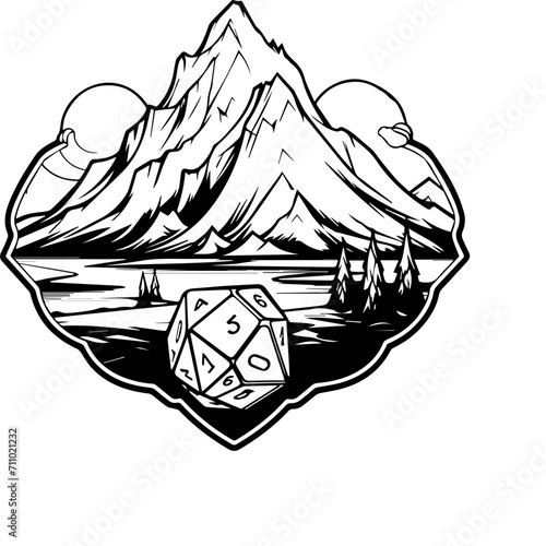 illustration of a mountain background, dnd die - Black and White