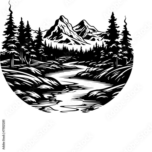mountain landscape illustration - Black and White