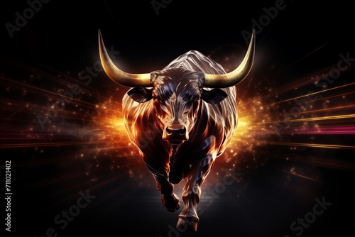 Close-up of fiery bull on a vibrant background with cryptocurrency trading charts and data photo