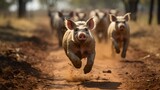 A group of happy pigs running in the Australian outback