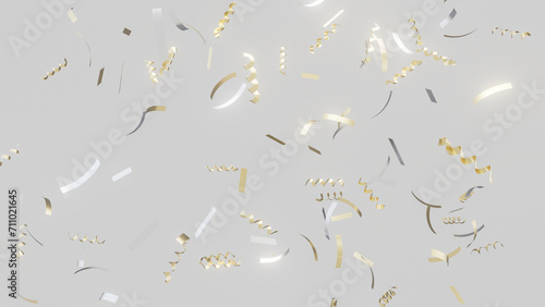 3D illustration of golden flickering confetti party popper falling on light background