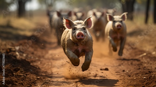 A group of happy pigs running in the Australian outback photo