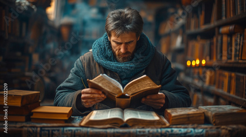 A man reads a Bible in a library photo