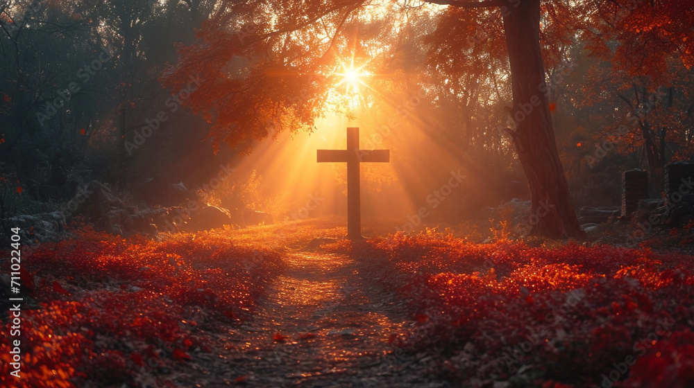 Christian cross in the autumn forest - obrazy, fototapety, plakaty 