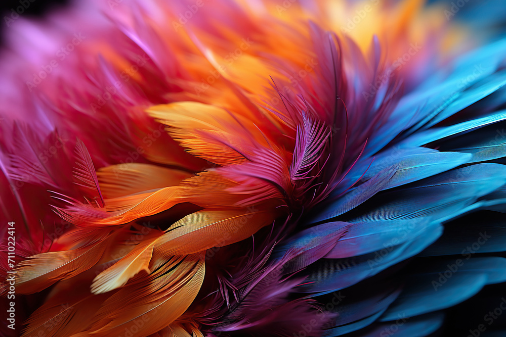 Abstract background with bright colored feathers of birds, screensaver, wallpaper for gadget. Generated by artificial intelligence Abstract background with bright colored feathers of birds, screensaver, wallpaper for gadget. Generated by artificial intelligence