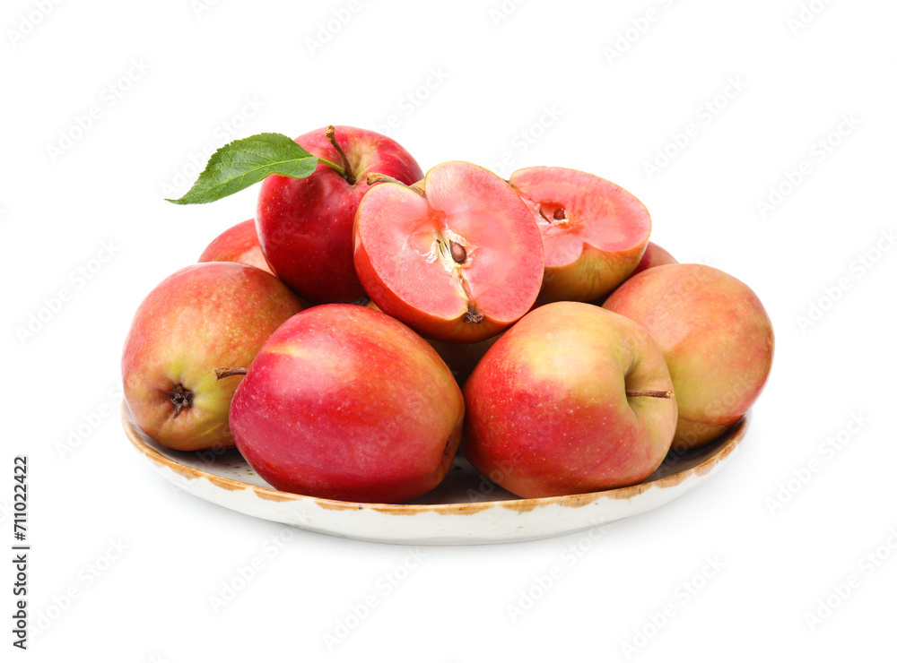 Plate of tasty apples with red pulp isolated on white Plate of tasty apples with red pulp isolated on white