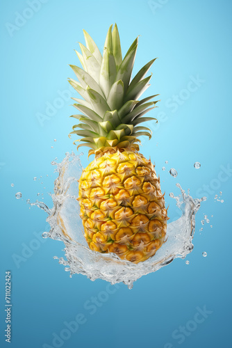 A ripe pineapple is suspended in a cascade of water droplets against a crisp blue backdrop, capturing a tropical freshness. 