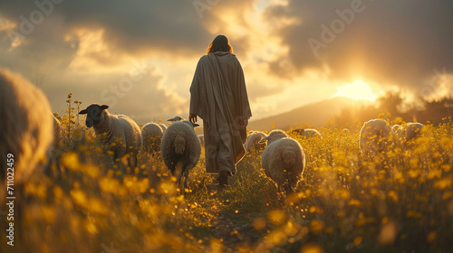 Guiding Light: Jesus Christ as the Good Shepherd Leading His Lambs - Christian Symbolism photo