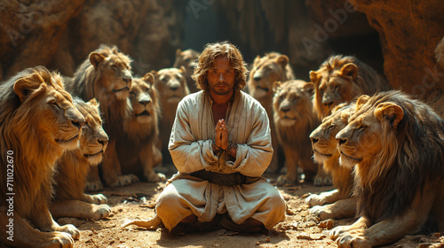 Daniel the Prophet praying in a prison cell surrounded by lions