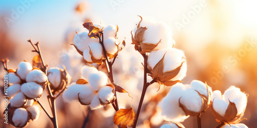 Closeup of cotton balls on a branch in a sunshine rays on the summer field. Generative AI #711022696