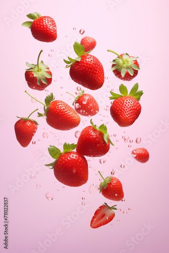 Ripe strawberries falling with water droplets on a delicate pink background, capturing the essence of freshness and sweetness.
