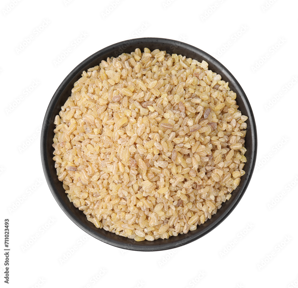 Raw bulgur in bowl isolated on white, top view Raw bulgur in bowl isolated on white, top view