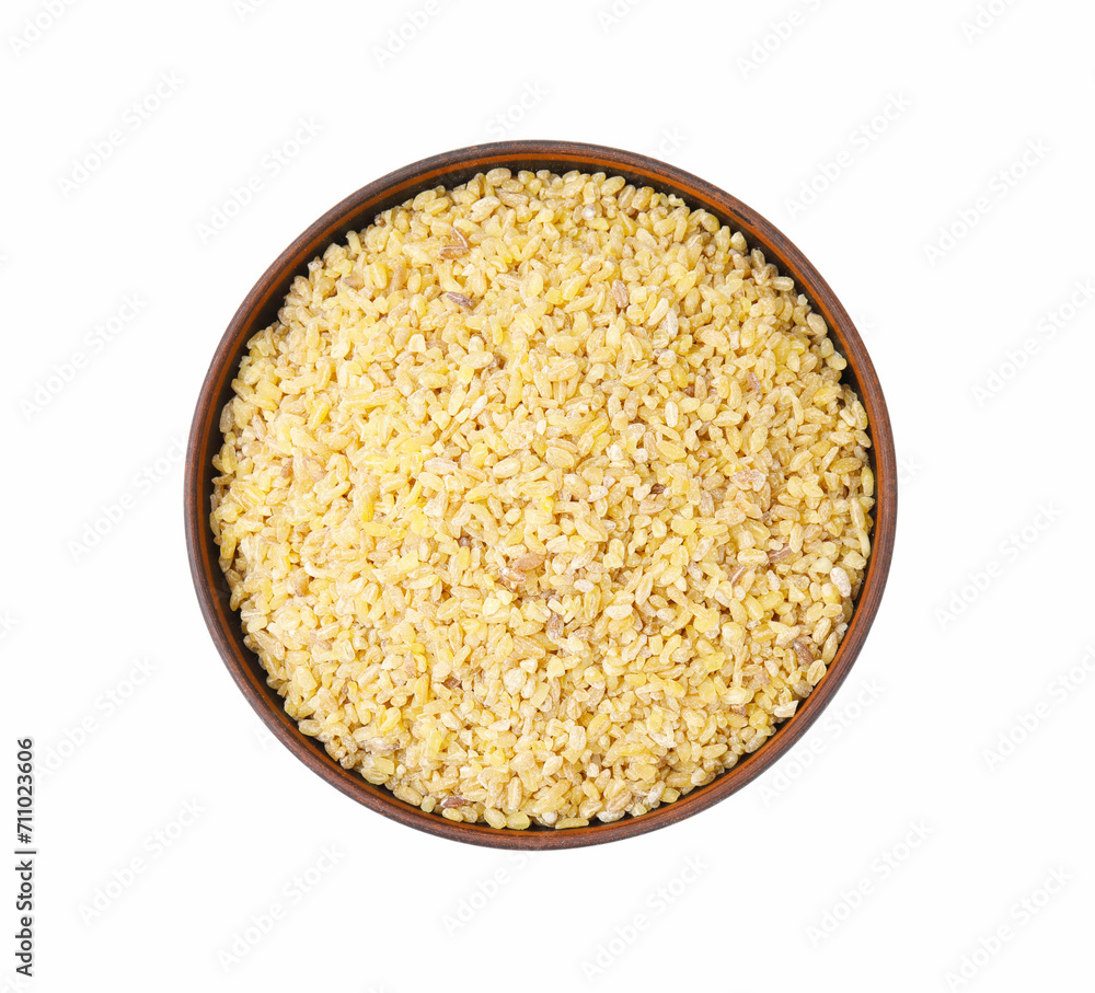 Raw bulgur in bowl isolated on white, top view Raw bulgur in bowl isolated on white, top view