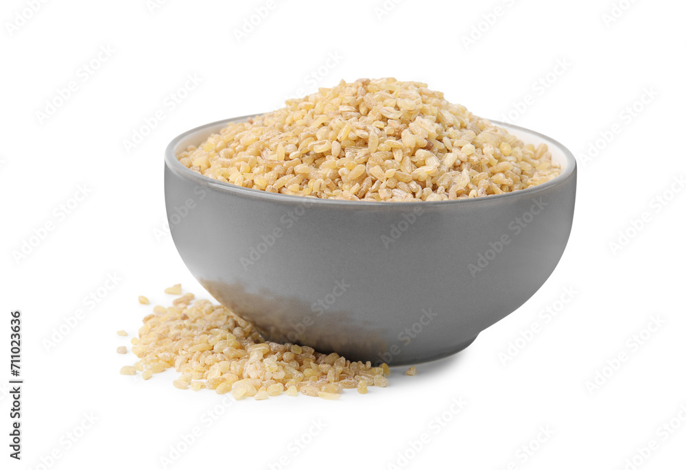 Raw bulgur in bowl isolated on white Raw bulgur in bowl isolated on white