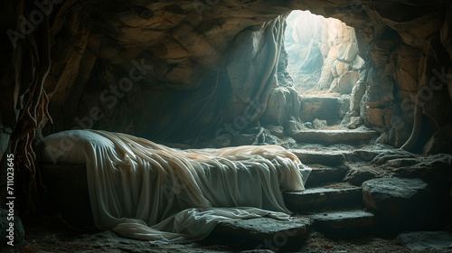 Empty tomb and light shines from the outside. Jesus Christ Resurrection photo