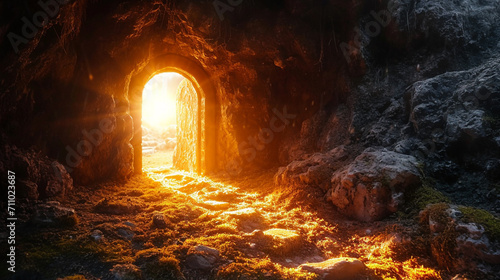 Empty tomb and light shines from the outside