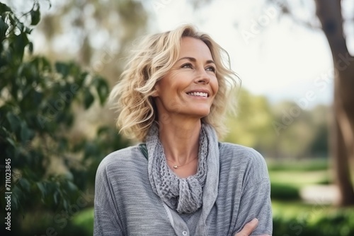 Portrait of a happy mature woman smiling in the park at autumn photo