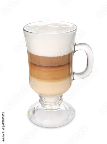 Aromatic latte macchiato in glass cup isolated on white