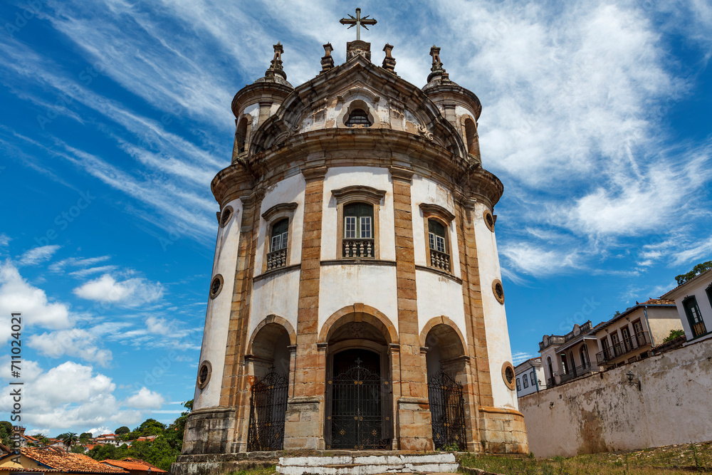 Facade of the church of Our Lady of the Rosary of Black Men in Ouro Prero, Minas Gerais, Brazil, South America