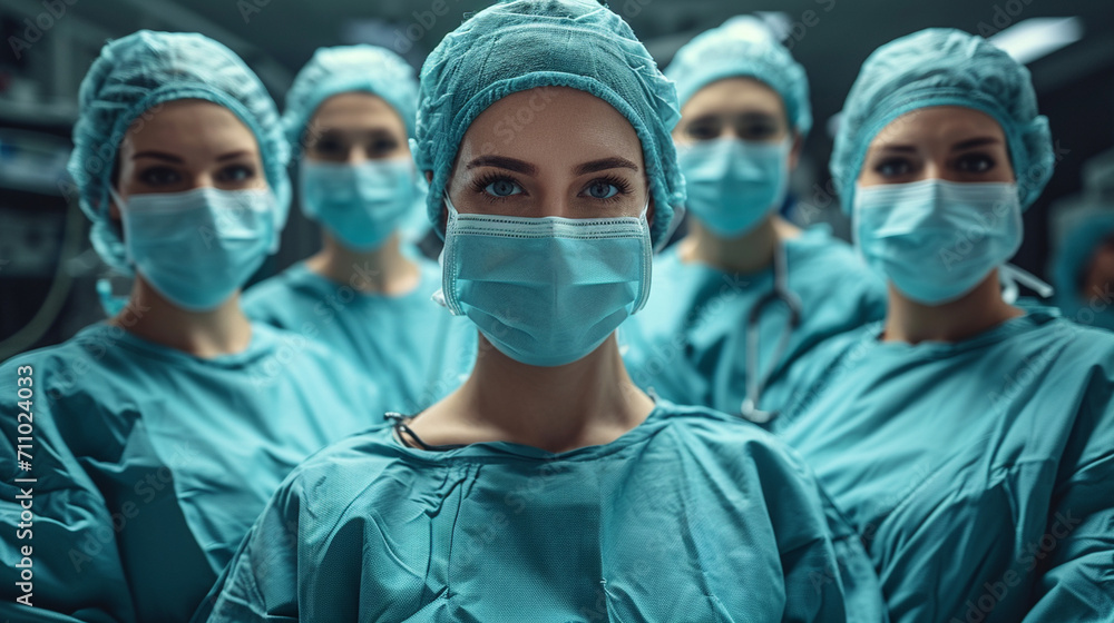 portrait of nurses in medical mask and cap in operating room