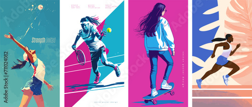 Vibrant illustrations depicting individuals engaged in sports and active lifestyles, showcasing tennis, skateboarding, and running.