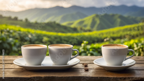 banner Cup of coffee against the background of a plantation