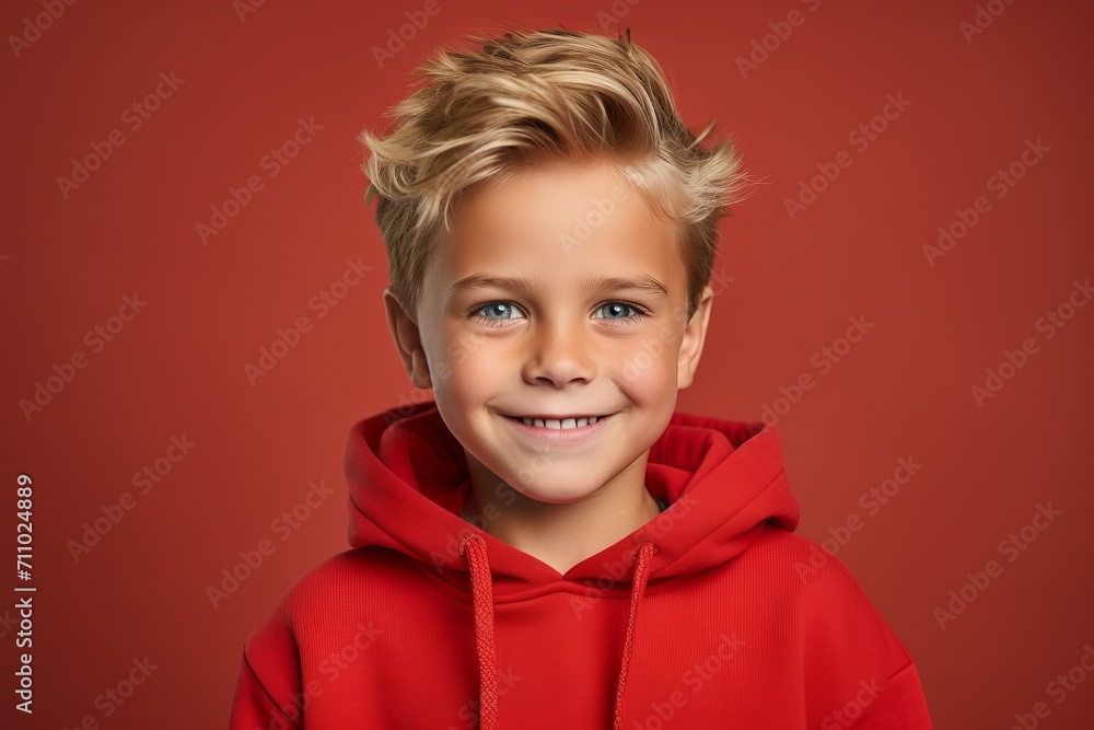 Portrait of a little boy in a red hoodie on a red background. Portrait of a little boy in a red hoodie on a red background.