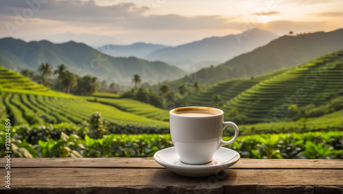 Cup of coffee against the background of a plantation farming