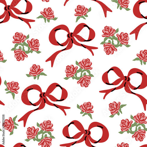 Red bow ribbon and rose flowers seamless pattern. Valentine day, Birthday wallpaper. Hand drawn cartoon cute background in retro floral vintage style. Childish drawing style vector illustration.
