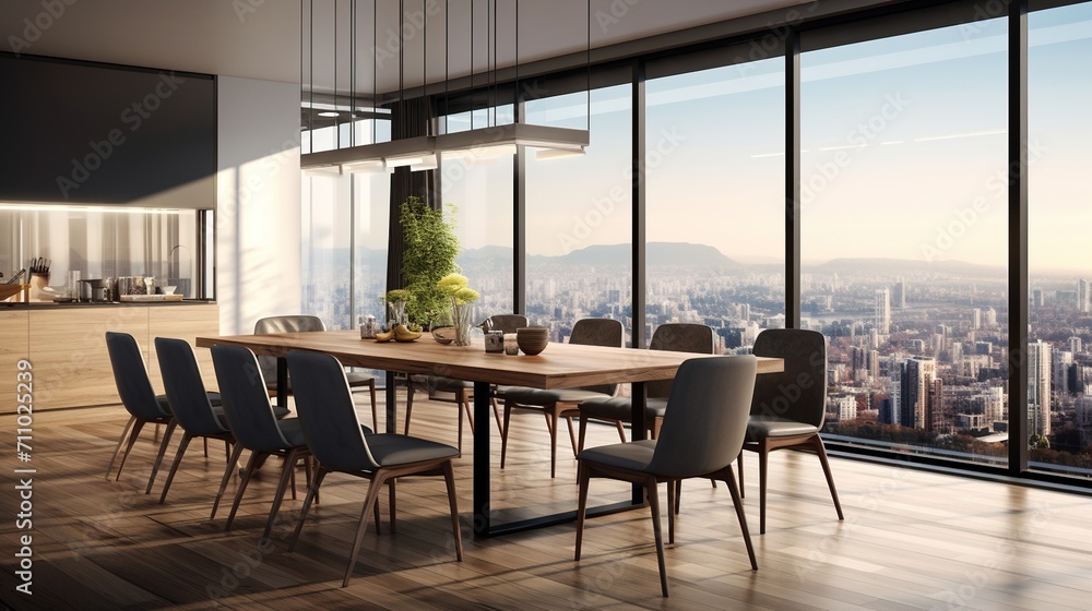 Modern dining room with a view of the city