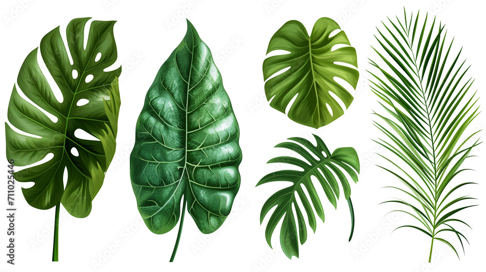 A set of tropical leaves isolated on a white background. Beautiful tropical exotic foliage