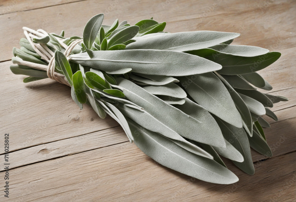 Freshly picked sage leaves arranged on a wooden table under natural light Freshly picked sage leaves arranged on a wooden table under natural light