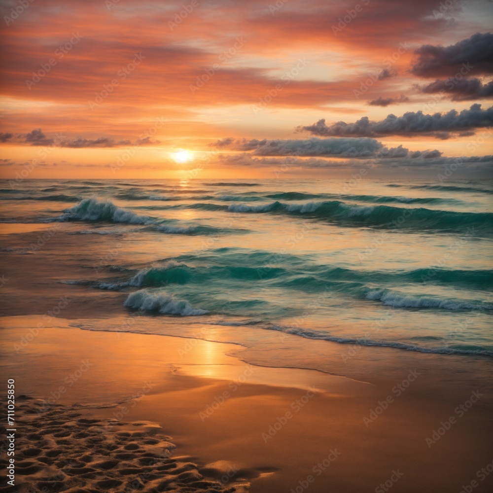 a serene and captivating beach sunset scene with vivid colors and gentle waves, perfect for wall art or home decor.