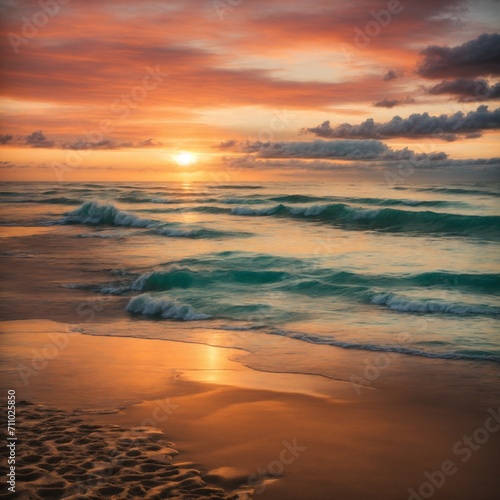 a serene and captivating beach sunset scene with vivid colors and gentle waves, perfect for wall art or home decor.
