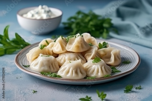Dumplings in a plate on a green background. Concept: food made from dough is steamed. Calorie-rich food made from flour. Banner with copy space