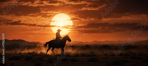 A rugged cowboy  silhouetted against the fiery orange sky  gallops on his trusty steed through the dusty plains.