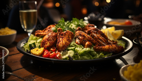 Grilled chicken leg on plate with fresh salad generated by AI