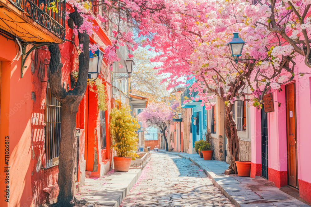 Naklejka premium Vibrant urban typical locations, colorful neighborhoods, travel concept, generative ai