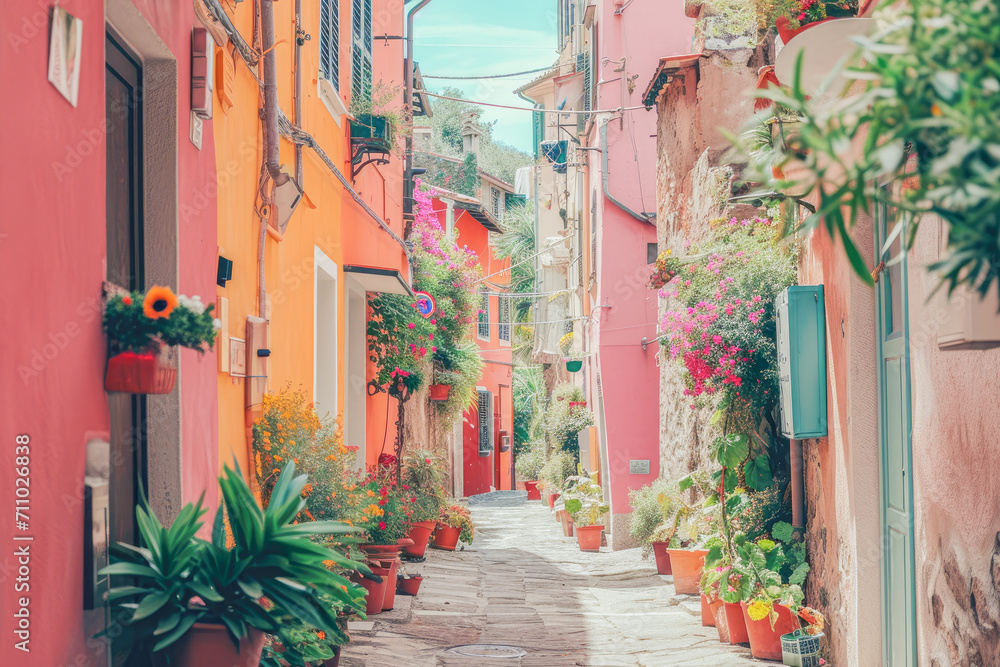 Vibrant urban typical locations, colorful neighborhoods, travel concept, generative ai