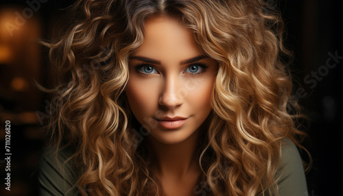 Beautiful woman with long curly blond hair generated by AI